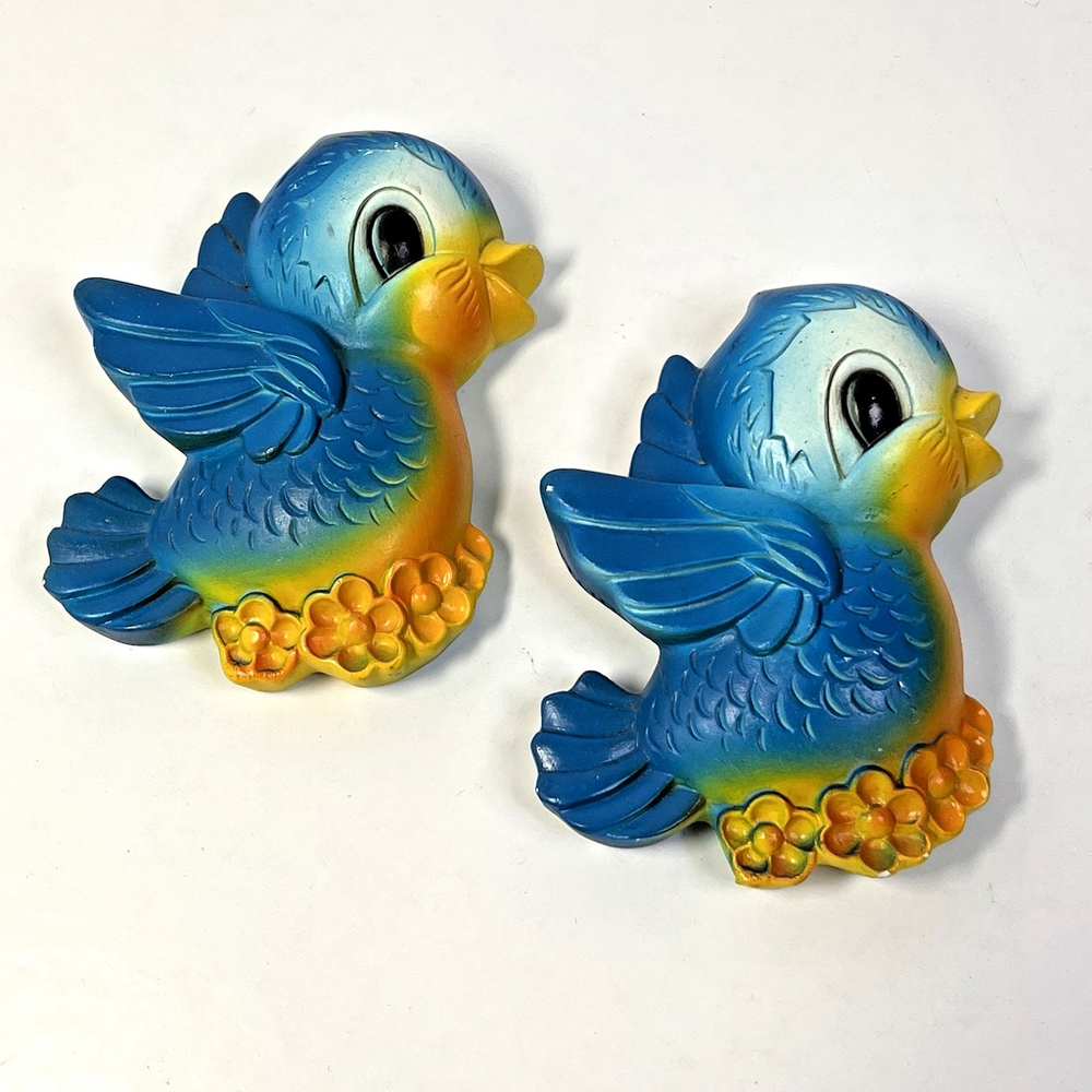 1970 Miller Studios Chalkware Blue Birds Wall Plaques Kitsch Home Decor USA